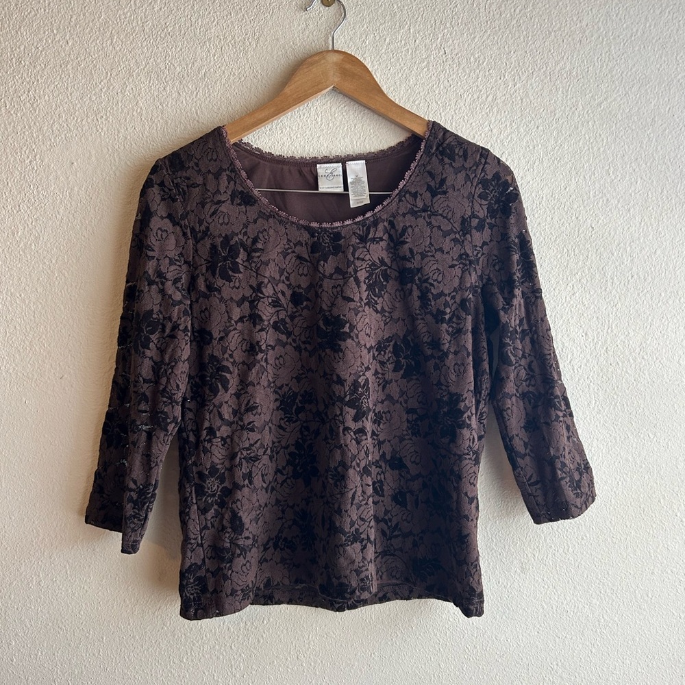 Women's Brown Floral Velvet Burnout Top